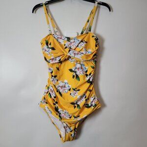 NWT - Smismivo Yellow Floral One-Piece Swimsuit With Ruched Front & Adjustable S